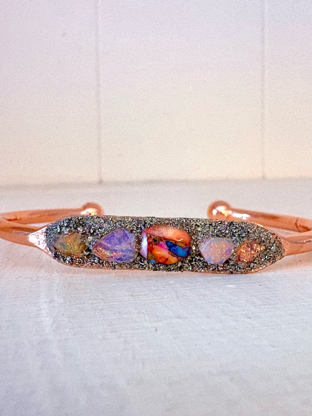 Lea Spirit Raw Australian Opal Turquoise Pyrite Cuff Bracelet Rose Gold Boho NWB